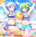  2girls :d ;d ahoge arm_up armpits bangs blue_bow blue_eyes blue_footwear blue_hair blue_skirt blush bow cheerleader cirno commentary_request daiyousei eyebrows_visible_through_hair fairy_wings green_eyes green_hair hair_bow hair_ribbon highres ice ice_wings looking_at_viewer midriff multiple_girls natsu_(927013) navel one_eye_closed open_mouth pom_poms ribbon shoes side_ponytail skirt smile socks standing standing_on_one_leg thighs touhou wings yellow_ribbon 
