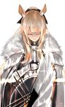  1girl absurdres animal_ears arknights bangs black_ribbon blemishine_(arknights) closed_eyes commentary_request hair_ribbon hhy highres ribbon smile solo upper_body white_background 