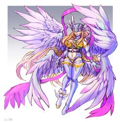  1girl angel_wings angewomon blonde_hair breasts covered_eyes digimon floating highres large_breasts long_hair looking_up multiple_wings navel oomasa_teikoku solo very_long_hair wings 