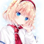  1girl alice_margatroid blonde_hair blue_eyes blush capelet closed_mouth commentary expressionless eyebrows_visible_through_hair hairband hand_on_own_face hand_up head_tilt long_sleeves looking_at_viewer nanase_nao red_neckwear short_hair simple_background solo touhou upper_body white_background 