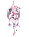  1girl absurdres arcee artist_name axelnekokitty big_firebird_toys blue_eyes breasts crossed_legs highres holding holding_staff large_breasts looking_at_viewer navel nicee solo staff transformers white_background 