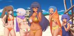  5girls :d ^_^ artist_name ass backpack bag bangs bare_shoulders beach bikini blanket blonde_hair blue_hair blue_swimsuit blush breasts brown_hair chinatsu_(kuroonehalf) closed_eyes commentary dark_skin day eyebrows_visible_through_hair eyes_visible_through_hair green_eyes hair_between_eyes highres ice_cream_cone kuroonehalf large_breasts long_hair looking_at_another looking_at_viewer low_twintails medium_breasts multiple_girls navel one-piece_swimsuit open_mouth orange_bikini original outdoors ponytail short_hair sign skindentation smile stairs swimsuit tongue tongue_out twintails very_long_hair white_hair yellow_bikini yellow_eyes 