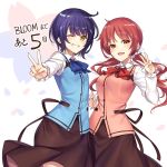  2girls blue_bow blue_hair blush bow breasts brown_eyes gochuumon_wa_usagi_desu_ka? grin highres holding_hands jouga_maya ks_(xephyrks) large_breasts long_hair looking_at_viewer low_twintails multiple_girls natsu_megumi one_eye_closed open_mouth parted_lips red_bow redhead short_hair smile teeth translation_request twintails v wavy_hair 