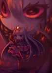  1girl dress grey_skin highres holding long_hair mana_matitia_(okame_nin) no_mouth okame_nin original projected_inset purple_dress red_eyes red_theme solo standing very_long_hair 