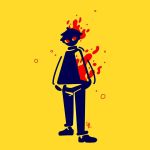  fire full_body jpeg_artifacts limited_palette lisa_barber no_mouth no_nose original pants red_eyes shoes simple_background standing yellow_background 