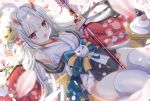  1girl :d ahoge arrow_(projectile) aruka_(alka_p1) azur_lane bangs bare_shoulders bell blue_bow blurry blurry_foreground bow commentary_request depth_of_field detached_sleeves dutch_angle ema eyebrows_visible_through_hair flower hair_between_eyes hair_ornament hamaya hibiki_(azur_lane) hibiki_(new_year&#039;s_little_imp)_(azur_lane) highres holding holding_arrow horns japanese_clothes jingle_bell kagami_mochi kimono long_hair long_sleeves looking_at_viewer new_year open_mouth petals red_eyes red_flower red_sleeves revision shuttlecock silver_hair sitting sleeveless sleeveless_kimono smile solo thigh-highs very_long_hair wariza white_kimono white_legwear wide_sleeves 