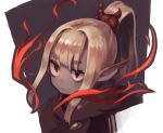  1girl blonde_hair cloak closed_mouth eyebrows_visible_through_hair grey_skin hood hood_down jitome okame_nin original pointy_ears ponytail portrait red_eyes solo 