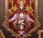  absurdres age_progression aizumi240326 axe aymr_(weapon) bangs brown_hair cape cravat dagger dress edelgard_von_hresvelg emblem fire_emblem fire_emblem:_three_houses garreg_mach_monastery_uniform gloves hair_ribbon highres horned_headwear huge_filesize long_hair looking_at_viewer multiple_persona parted_bangs parted_lips purple_ribbon red_cape red_gloves ribbon silver_hair tiara violet_eyes weapon white_gloves 