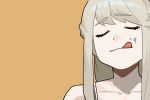  1girl :q bare_shoulders blonde_hair braid camisole closed_eyes facing_viewer french_braid gogalking grey_hair junior_(gogalking) licking_lips negative_space original portrait simple_background smile solo tongue tongue_out upper_body white_camisole yellow_background 