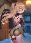  1girl ass bare_shoulders black_legwear blonde_hair breasts dress elbow_gloves eyepatch fischl_(genshin_impact) from_behind garter_straps genshin_impact gloves green_eyes hair_ornament hair_over_one_eye hair_ribbon highres long_hair looking_at_viewer ohihil open_mouth ribbon single_thighhigh small_breasts solo thigh-highs two_side_up 