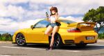 1girl absurdres bangs blue_eyes breasts brooke_(mathias_leth) brown_hair clouds denim denim_shorts english_commentary eyebrows_visible_through_hair hand_in_hair highres holding holding_phone looking_at_phone mathias_leth medium_hair original phone porsche porsche_911 shoes short_shorts shorts sky sneakers solo spoiler_(automobile) surprised tank_top tree vehicle_focus watermark web_address white_tank_top