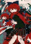  1girl abstract abstract_background bangs black_skirt bow capelet disembodied_head eye_beam feet_out_of_frame floating_head hair_bow hito_(nito563) holding_head long_sleeves multiple_heads pleated_skirt red_capelet redhead sekibanki short_hair skirt smile solo touhou 