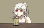  1girl camisole closed_mouth cup drinking_glass earrings gogalking grey_hair jewelry long_hair o3o original ponytail red_eyes simple_background sipping slit_pupils solo vampire_(gogalking) white_camisole yellow_background 