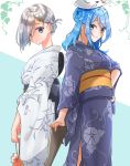  2girls alternate_costume alternate_hairstyle bag blue_eyes blue_hair cowboy_shot double_bun floral_print fox_mask hair_bun hair_ornament hair_over_one_eye hairclip hamakaze_(kantai_collection) highres japanese_clothes kantai_collection kimono leaf_print mask mask_on_head medium_hair multiple_girls official_alternate_costume satchel short_hair silver_hair standing tsukimura_(d24f4z8j3t) twitter_username urakaze_(kantai_collection) white_kimono yukata 