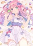  1girl bare_shoulders blush breasts candy clothing_cutout dress eyebrows_visible_through_hair food green_eyes hair_ornament hair_rings heterochromia highres himemori_luna holding holding_food hololive leg_garter lollipop long_hair looking_at_viewer lying macaron official_art on_back pink_hair shigure_ui shoulder_cutout small_breasts smile solo thighs virtual_youtuber 