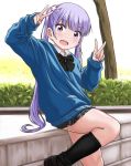  1girl :d apita_(apitaro) black_legwear day double_v flower hair_flower hair_ornament kneehighs leaning long_hair looking_at_viewer new_game! open_mouth outdoors purple_hair skindentation sleeves_past_wrists smile solo suzukaze_aoba twintails v violet_eyes 