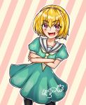  1girl blonde_hair cowboy_shot crossed_arms fang hairband higurashi_no_naku_koro_ni houjou_satoko looking_at_viewer open_mouth pink_eyes ponyomaro_daikon puffy_short_sleeves puffy_sleeves sailor_collar short_hair short_sleeves simple_background smug solo standing striped striped_background 