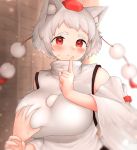  1girl absurdres animal_ear_fluff animal_ears black_bra blurry blurry_background blush bra breast_grab breasts commentary_request detached_sleeves finger_to_mouth grabbing guided_breast_grab hat highres impossible_clothes impossible_shirt inubashiri_momiji large_breasts looking_at_viewer pom_pom_(clothes) pov red_eyes shirt short_hair sleeveless sleeveless_shirt solo_focus sweat take_(take143000) tokin_hat touhou turtleneck underwear upper_body white_hair white_shirt wolf_ears wood 