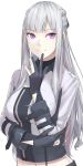  1girl ak-12_(girls_frontline) artificial_eye bangs black_gloves black_ribbon braid breasts eyebrows_visible_through_hair girls_frontline gloves hair_ribbon kageshio_(276006) large_breasts long_hair mechanical_eye navel partly_fingerless_gloves ribbon shirt sidelocks silver_hair smile solo tactical_clothes upper_body violet_eyes 