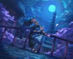 1boy 1girl :d architecture black_pants blue_eyes blue_nails blue_skirt blue_sky blue_theme bracelet clouds earrings east_asian_architecture fang fingernails full_moon highres horns jewelry moon nail_polish night night_sky open_mouth original outdoors pants pointy_ears railing scenery shichigatsu skirt sky smile 