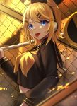  1girl :p alternate_breast_size bangs black_serafuku black_skirt blonde_hair blue_eyes blurry bow breasts carrying_over_shoulder chain-link_fence crop_top depth_of_field fence flipped_hair from_side hair_bow hair_ornament hairclip headphones highres kagamine_rin long_sleeves looking_at_viewer medium_breasts midriff rettou_joutou_(vocaloid) road_sign school_uniform serafuku short_hair sign skirt skirt_set smile solo soramame_pikuto swept_bangs tongue tongue_out upper_body vocaloid yellow_theme 