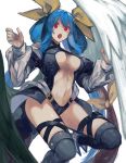  1girl :o angel_wings asymmetrical_wings bare_shoulders belt black_legwear black_panties blue_hair blush breasts choker dizzy_(guilty_gear) guilty_gear guilty_gear_x guilty_gear_xx hair_between_eyes hair_ribbon highres large_breasts long_sleeves midriff monster_girl navel oeillet_vie open_mouth panties puffy_long_sleeves puffy_sleeves red_eyes ribbon simple_background solo tail tail_ribbon thick_thighs thigh-highs thigh_strap thighs toned twintails under_boob underwear white_background wings yellow_ribbon 