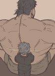  2boys back bara black_hair boxers dobito_mn facial_hair formal giant giant_male grey_hair highres male_focus male_underwear manly measuring multiple_boys muscle orc original short_hair size_difference sketch stubble suit tape_measure tied_hair underwear underwear_only 
