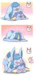  0_0 :3 azuma_minatsu blush bowl clock commentary_request gen_1_pokemon gen_4_pokemon glaceon highres holding melting no_humans open_mouth pokemon pokemon_(creature) sparkle sweat tongue vaporeon 