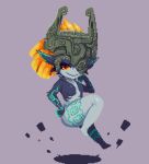  1girl blue_skin floating helmet looking_at_viewer midna minimilieu orange_hair pixel_art pointy_ears red_eyes shadow slit_pupils smile smug yellow_sclera 