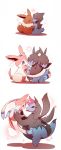  azuma_minatsu blush carrying closed_eyes closed_mouth commentary_request deino_(pokemon) eevee eye_contact gen_1_pokemon gen_5_pokemon gen_6_pokemon heart highres holding holding_pokemon hydreigon looking_at_another no_humans open_mouth pokemon pokemon_(creature) smile sparkle sylveon tongue zweilous 
