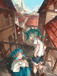  2girls :d akari_(shichigatsu) blue_hair blue_shorts blue_skirt blue_sky city day green_eyes green_hair highres looking_at_another multiple_girls open_mouth orange_eyes original outdoors parted_lips ponytail railing shichigatsu shirt short_sleeves shorts skirt sky slit_pupils smile sou_(shichigatsu) stairs white_shirt 