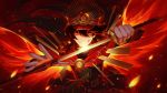  1girl absurdres belt black_hair cape drawing_sword embers fate/grand_order fate_(series) gloves grin hat highres katana long_hair louis_hung oda_nobunaga_(fate) oda_nobunaga_(fate)_(all) red_eyes sheath smile sword weapon white_gloves 