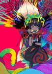 1girl abstract abstract_background absurdres asymmetrical_wings black_dress black_hair blue_eyes blue_wings bow colorful dress feet_out_of_frame flower highres houjuu_nue looking_at_viewer multicolored multicolored_eyes multiple_tails neruzou red_bow red_eyes red_neckwear red_wings short_hair short_sleeves snake solo tail touhou wings 