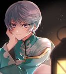  1boy ari_(bleum) bangs blurry_foreground closed_mouth hair_between_eyes head_rest lantern long_sleeves looking_at_viewer male_focus mikleo_(tales) shiny shiny_hair silver_hair smile solo tales_of_(series) tales_of_zestiria violet_eyes 