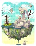  bare_tree closed_mouth clouds commentary_request gen_6_pokemon goodra goomy grass green_eyes highres jippe leaf no_humans on_head open_mouth pokemon pokemon_(creature) pokemon_on_head sliggoo slime smile tongue tree 