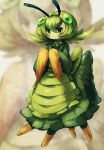  1girl absurdres antennae apron closed_mouth extra_eyes full_body green_apron green_eyes green_hair green_skin highres long_sleeves looking_at_viewer maid_apron mantis_girl medium_hair okame_nin original solo standing tail wide_sleeves zoom_layer 
