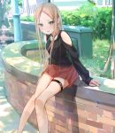  1girl abigail_williams_(fate/grand_order) alternate_costume arm_cutout bangs black_shirt blonde_hair fate/grand_order fate_(series) feet_out_of_frame light_rays long_hair long_sleeves outdoors parted_bangs red_skirt sakazakinchan shirt sitting skirt solo sunbeam sunlight thigh_strap 