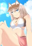  1girl alternate_costume beni_(bluebluesky) blue_eyes blue_sky breasts clouds crossed_legs from_below girls_und_panzer grey_hair hand_on_own_knee highres itsumi_erika jewelry looking_at_viewer medium_breasts medium_hair navel necklace sarong sky smile solo thighs 