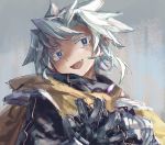  1girl :d armor blue_eyes cape colored_eyelashes fang gloves grey_background head_tilt highres looking_at_viewer open_hand open_mouth original pauldrons portrait shichigatsu short_hair shoulder_armor silver_hair smile solo yellow_cape 