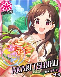  blush brown_hair character_name dress idolmaster idolmaster_cinderella_girls long_hair red_eyes smile stars tsujino_akari 