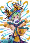  1girl absurdres bangs blue_eyes bow covered_mouth cowboy_shot detached_sleeves eyeball frilled_shirt frilled_sleeves frills glitch green_hair green_headwear green_skirt hat hat_bow heart heart_of_string highres komeiji_koishi long_hair looking_at_viewer multicolored multicolored_eyes neruzou pink_eyes rainbow_order shirt skirt solo third_eye touhou violet_eyes yellow_bow yellow_shirt yellow_sleeves 