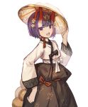  1girl bangs blush bob_cut breasts eyeliner fate/grand_order fate_(series) flower gourd hair_flower hair_ornament hanbok headpiece highres horns ichimegasa korean_clothes long_sleeves looking_at_viewer makeup oni oni_horns open_mouth purple_hair sash short_eyebrows short_hair shuten_douji_(fate/grand_order) simple_background skin-covered_horns small_breasts smile sookmo violet_eyes white_background 