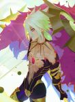  1boy bare_chest blonde_hair choker earrings fate/grand_order fate_(series) floating gem holding holding_weapon jewelry karna_(fate) male_focus necklace parted_lips single_earring solo spiked_choker spikes violet_eyes weapon wifc 