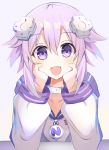 1girl bangs bimmy blush collar collarbone commentary d-pad d-pad_hair_ornament english_commentary eyebrows_visible_through_hair hair_between_eyes hair_flaps hair_ornament head_rest highres looking_at_viewer neptune_(neptune_series) neptune_(series) open_mouth purple_hair short_hair sidelocks simple_background solo violet_eyes white_background white_hoodie 