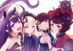  4girls abigail_williams_(fate/grand_order) absurdres artist_name bangs blue_eyes breasts china_dress chinese_clothes closed_mouth creator_connection dress english_commentary eyebrows_visible_through_hair fate/grand_order fate_(series) flower hair_flower hair_ornament hair_ribbon hat highres hololive hololive_english katsushika_hokusai_(fate/grand_order) long_hair long_sleeves looking_at_viewer mixed-language_commentary multiple_girls ninomae_ina&#039;nis open_mouth parted_hair patreon_logo pixiv_logo pointy_ears ribbon self_shot short_hair small_breasts smile squid tentacles trait_connection violet_eyes virtual_youtuber yang_guifei_(fate/grand_order) zee_n3 