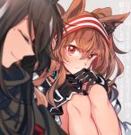  2girls angelina_(arknights) animal_ears arknights black_hair blush brown_hair closed_eyes fluffy fox_ears gloves horse_ears meteor_(arknights) multiple_girls shoes smile sneakers srung yuri 