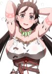  1girl armpits arms_behind_head arms_up bare_shoulders blush body_markings breasts brown_eyes brown_hair dress facial_mark fate/grand_order fate_(series) forehead forehead_mark hara_(harayutaka) highres himiko_(fate) large_breasts long_hair looking_at_viewer magatama magatama_necklace open_mouth sash sideboob simple_background smile sweat topknot twintails white_background white_dress 