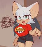  1girl :d animal_ears animal_nose bat bat_ears bat_girl bat_wings black_shorts blush breasts commentary cowboy_shot english_commentary english_text furry green_eyes large_breasts open_mouth red_shirt rouge_the_bat shirt shorts smile solo sonic_the_hedgehog standing the_big_bang_theory wamudraws white_hair wings young_sheldon 