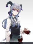 absurdres bow bowtie character_request coffee collarbone collared_shirt copyright_request eyebrows_visible_through_hair grey_background highres horns kupikuuu long_hair shirt sidelocks silver_hair smile violet_eyes waitress 