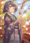  1girl autumn hair_bun highres idolmaster idolmaster_shiny_colors japanese_clothes kantachi kimono morino_rinze outdoors purple_hair red_eyes short_hair sky smile solo standing tree 